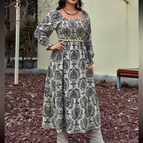 Boho Plus Size Damask Print Smock Maxi Dress Without Belt - Picture 3 of 5